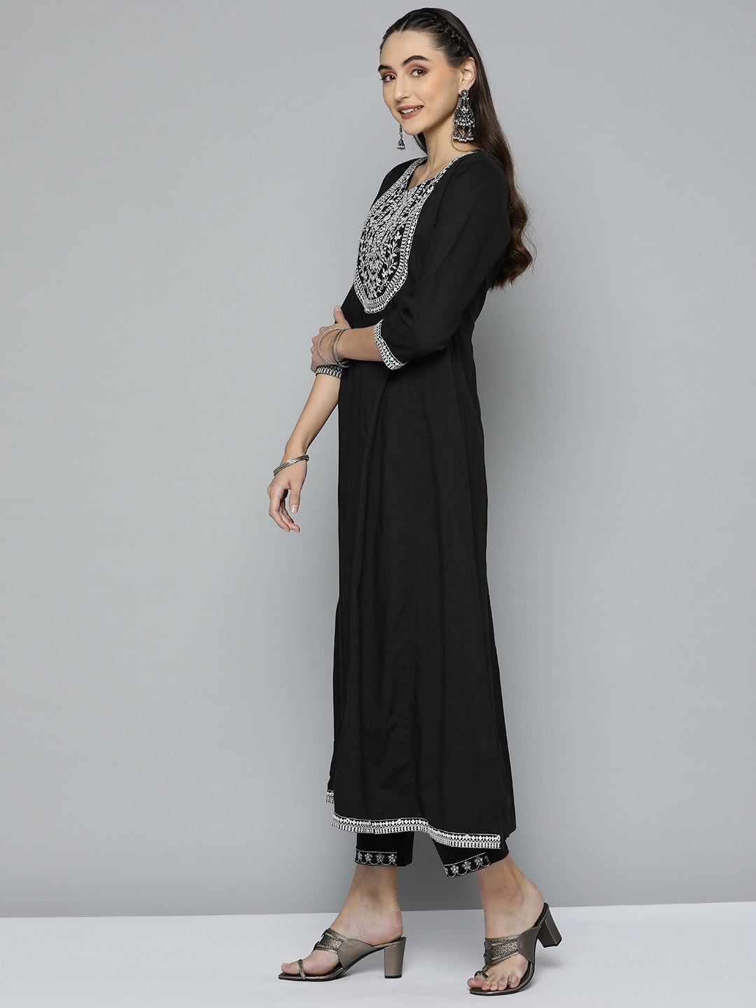 HERE&NOW Women Black Ethnic Motifs Embroidered Kurta with Trousers & With Dupatta - Distacart