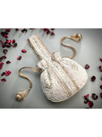 Thumbnail for Masq Off White & Gold-Toned Embellished Embroidered Potli Clutch - Distacart