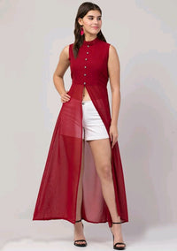 Thumbnail for PAVONINE Maroon Color Shining Buttons Net Fabric Slit Dress For Women - Distacart