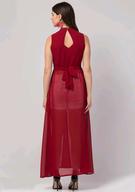 PAVONINE Maroon Color Shining Buttons Net Fabric Slit Dress For Women - Distacart