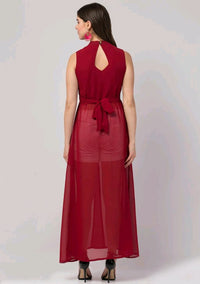Thumbnail for PAVONINE Maroon Color Shining Buttons Net Fabric Slit Dress For Women - Distacart
