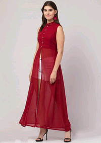 Thumbnail for PAVONINE Maroon Color Shining Buttons Net Fabric Slit Dress For Women - Distacart
