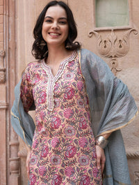 Thumbnail for Sangria Peach-Coloured Ethnic Motifs Printed Pure Cotton Kurta with Trousers & Dupatta - Distacart