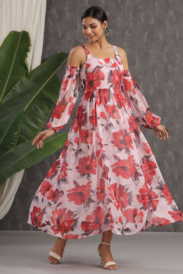 Juniper Women's Lightpink Chiffon Printed Flared Dress - Distacart