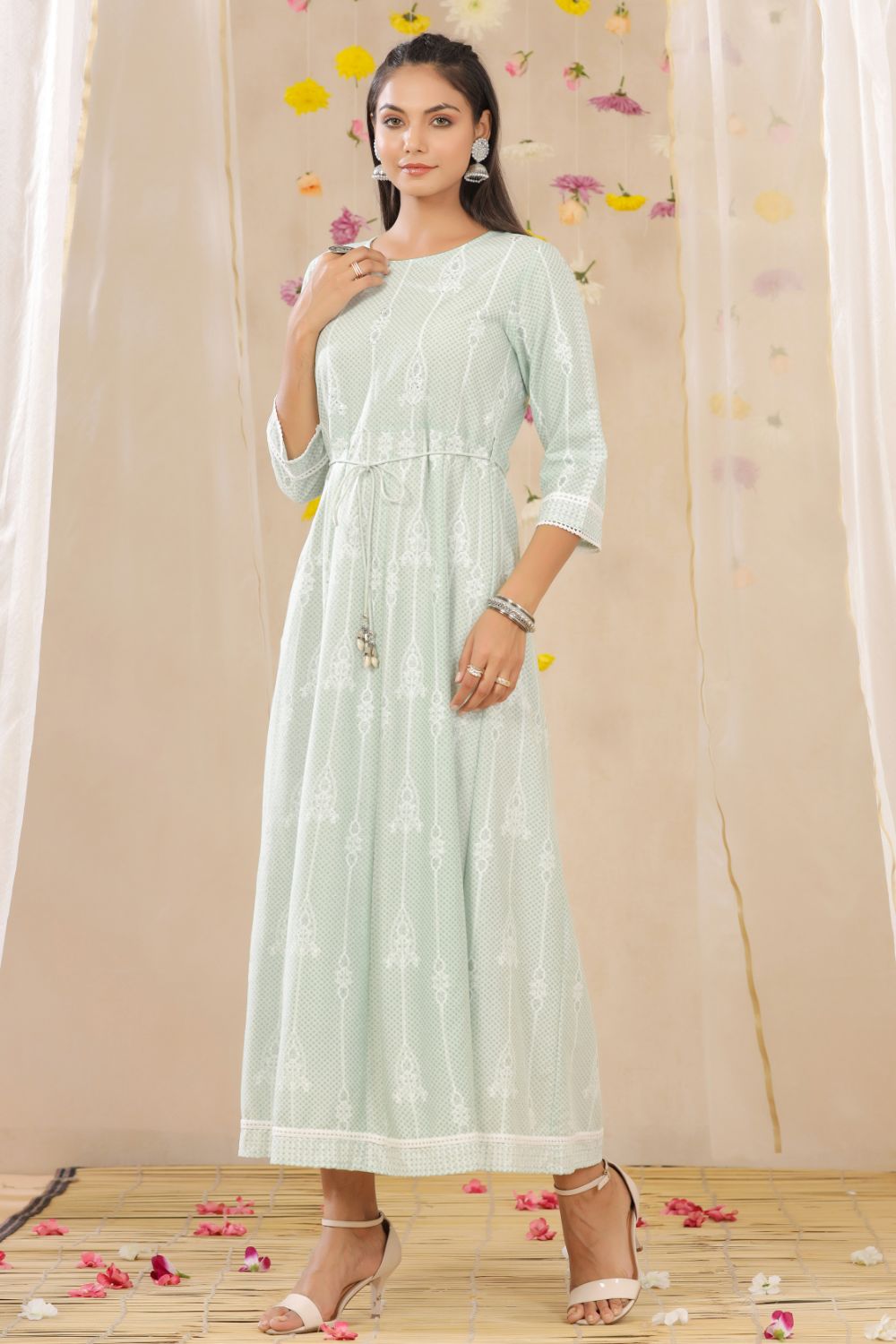Juniper Womens Mint Rayon Gliter Printed Anarkali Dress - Distacart