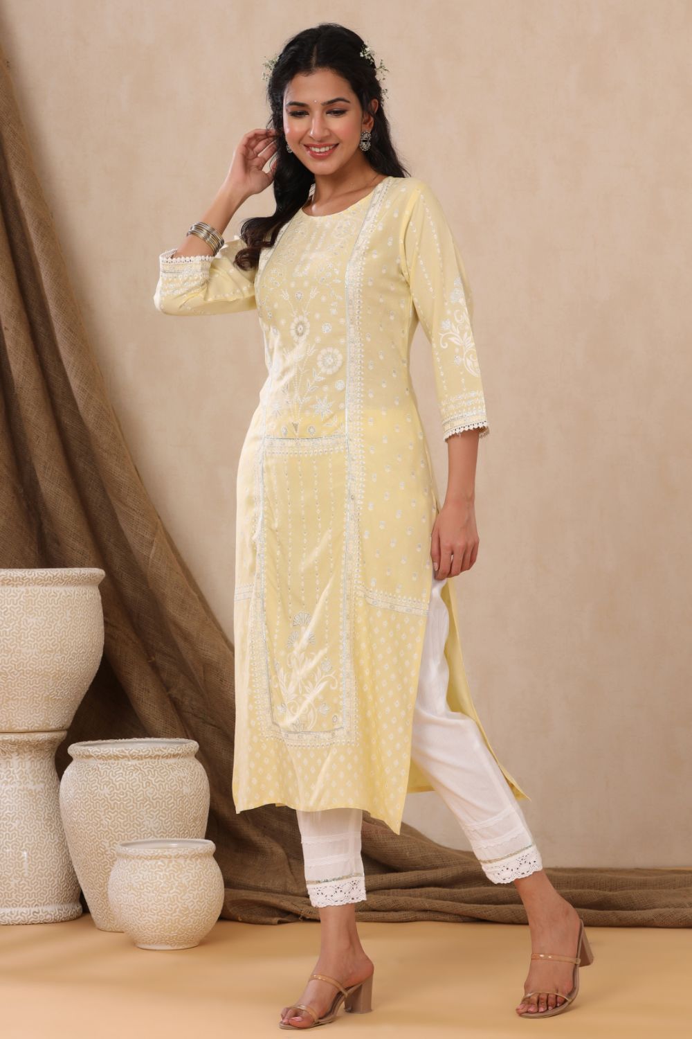 Juniper Womens Light Yellow Rayon Khari Printed Straight Kurta - Distacart
