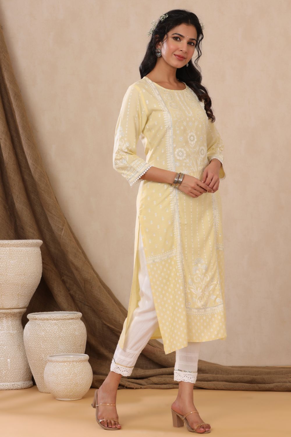 Juniper Womens Light Yellow Rayon Khari Printed Straight Kurta - Distacart