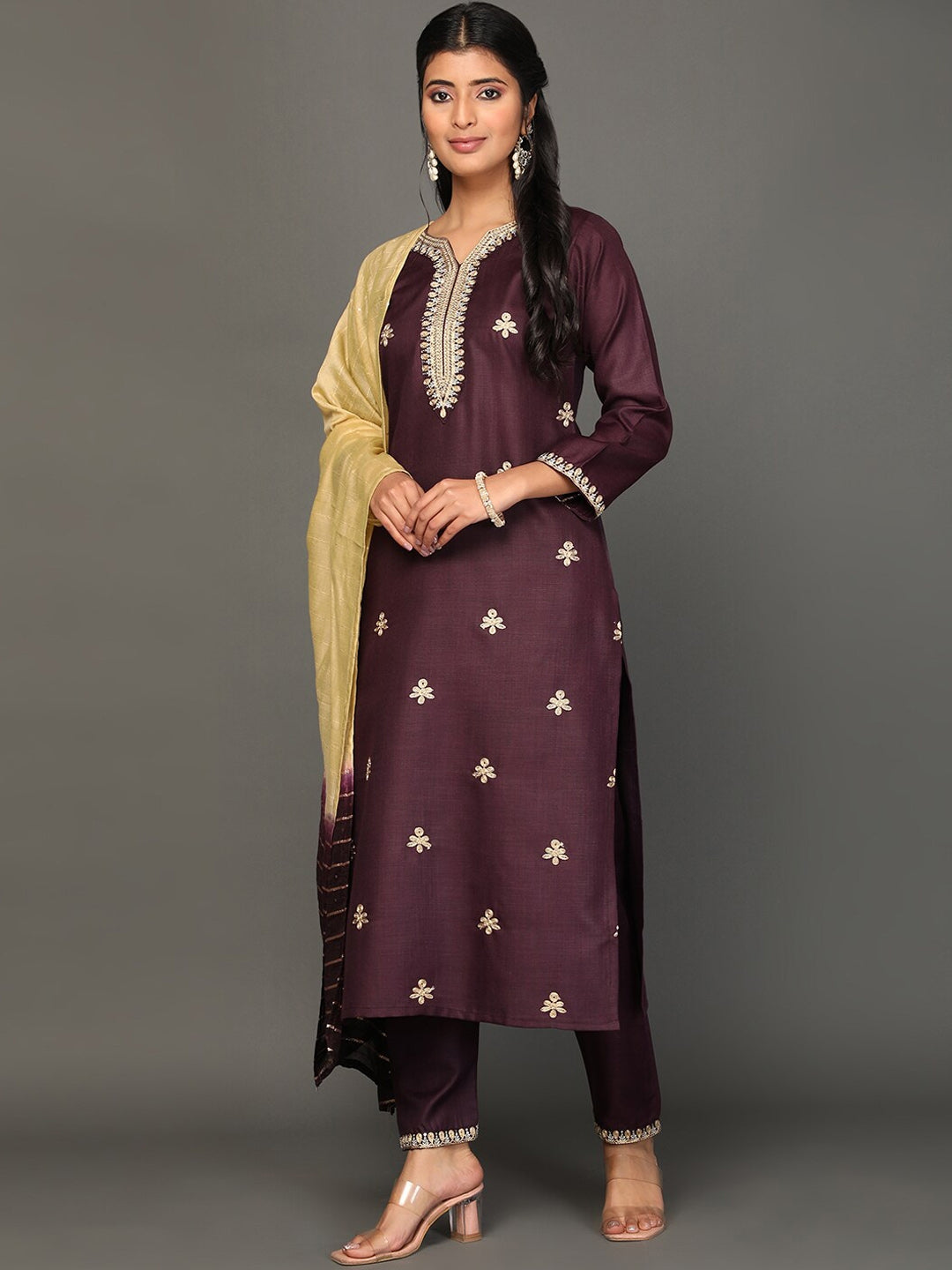NOZ2TOZ Women's Ethnic Motifs Embroidered Zari Kurta with Trousers & Dupatta - Distacart
