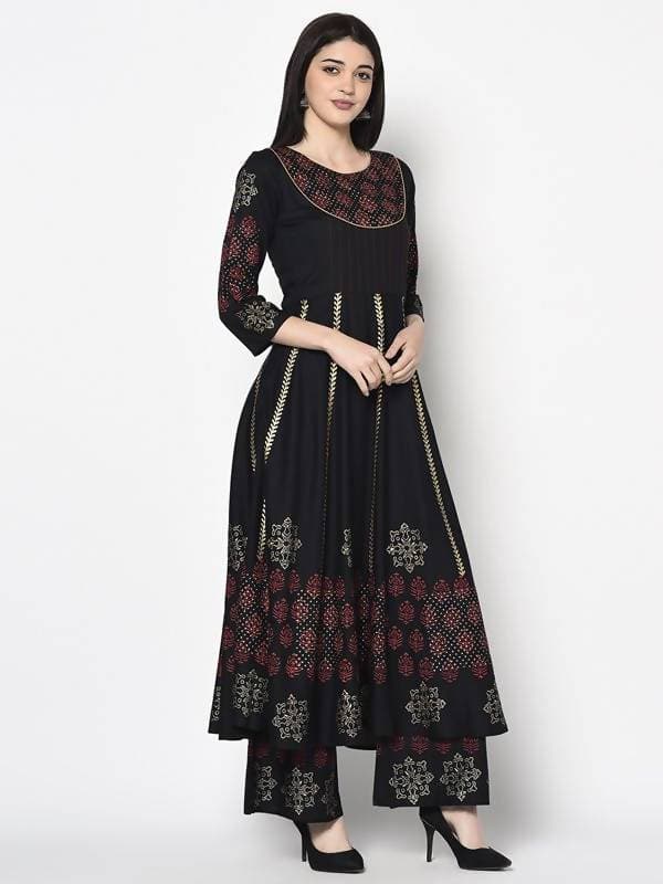 Aniyah Rayon Black Color Block Print Anarkali Kurta (AN-187K)