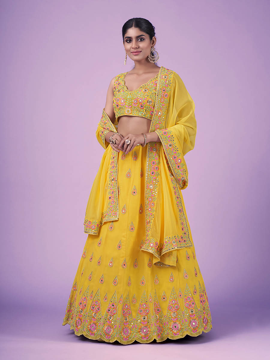 Myra Yellow Georgette Embroidered Designer Lehenga - Distacart