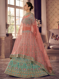 Thumbnail for Myra Turquoise Organza Embroidered Designer Lehenga - Distacart