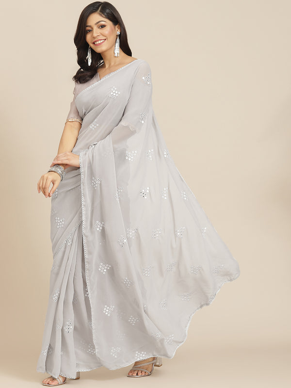 Tikhi Imli Grey Embroidered Mirror-Work Saree - Distacart