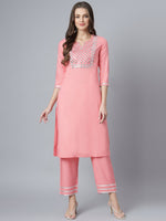 Thumbnail for Khushal K Women Pink Yoke Design Embroirdered Kurta with Trousers - Distacart