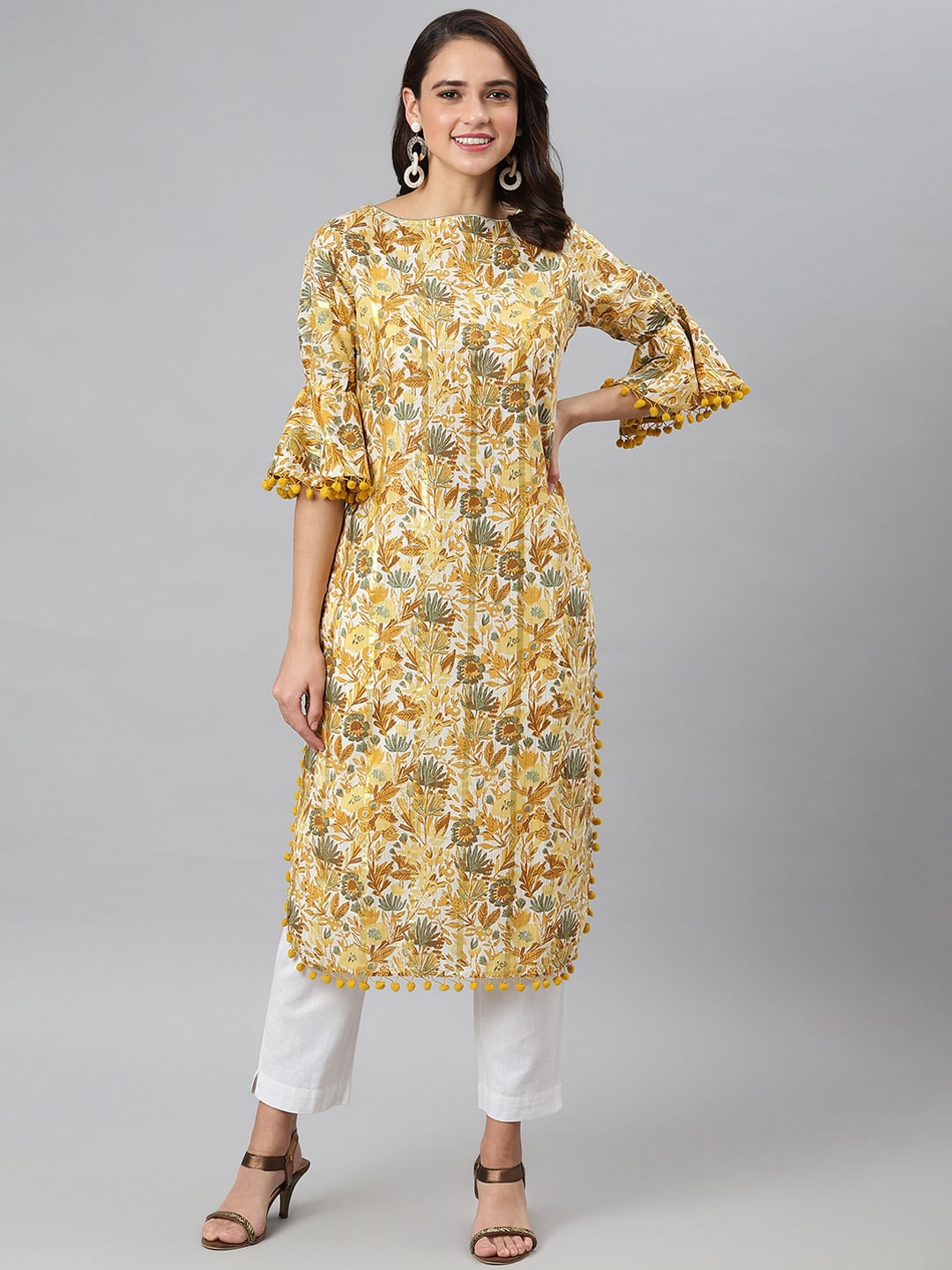 Khushal K Women Yellow Floral Printed Flared Sleeves Kurta - Distacart