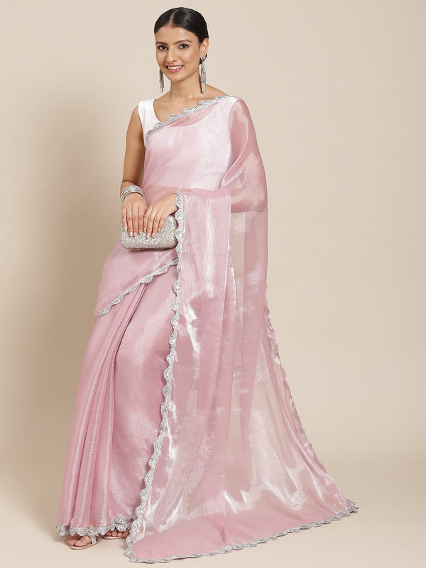 Tikhi Imli Pink Solid Embellished Border Saree - Distacart