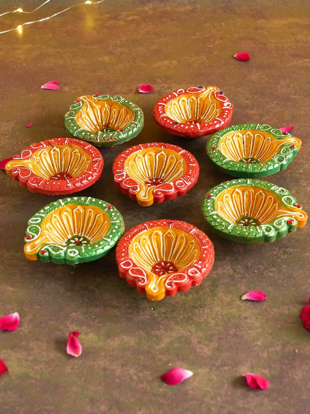 Tied Ribbons Set of 8 Maroon & Green Terracotta Diyas - Distacart
