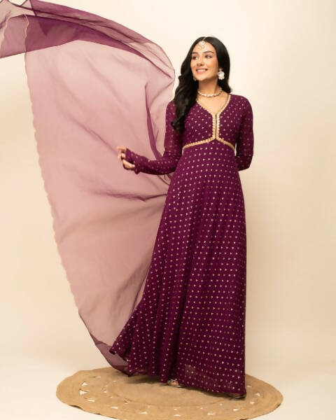 FIORRA Women's Wine Georgette Anarkali Kurta With Dupatta - Distacart