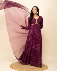 Thumbnail for FIORRA Women's Wine Georgette Anarkali Kurta With Dupatta - Distacart