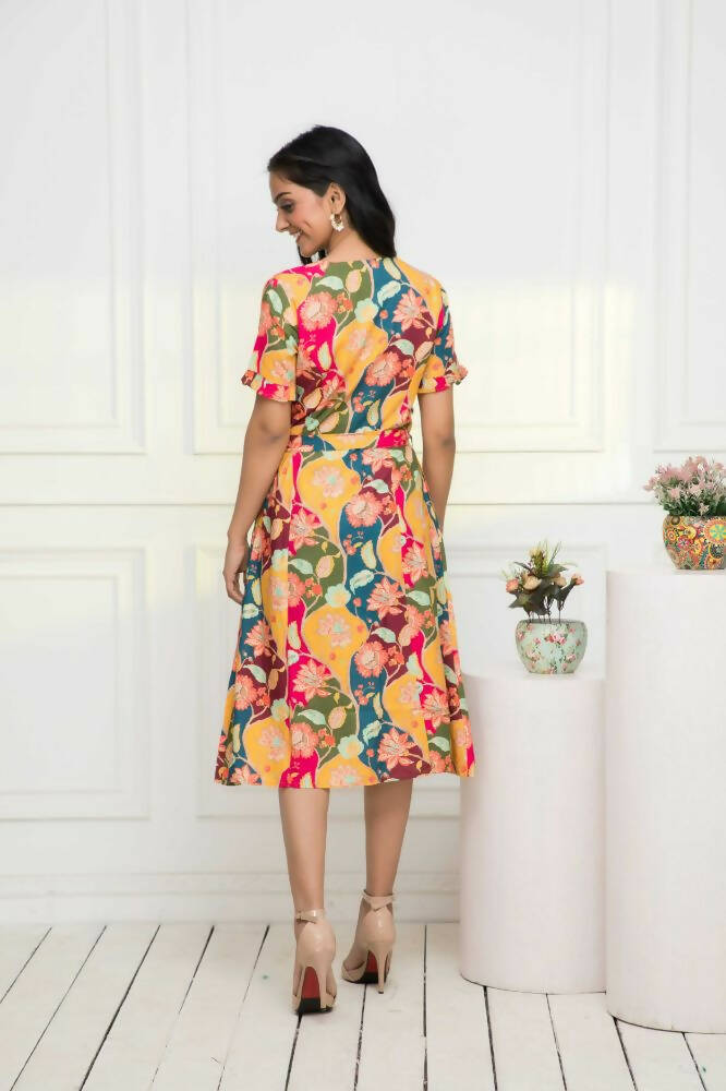 Myshka Women Multi - Abstract Rayon A-Line V-Neck Dress - Distacart