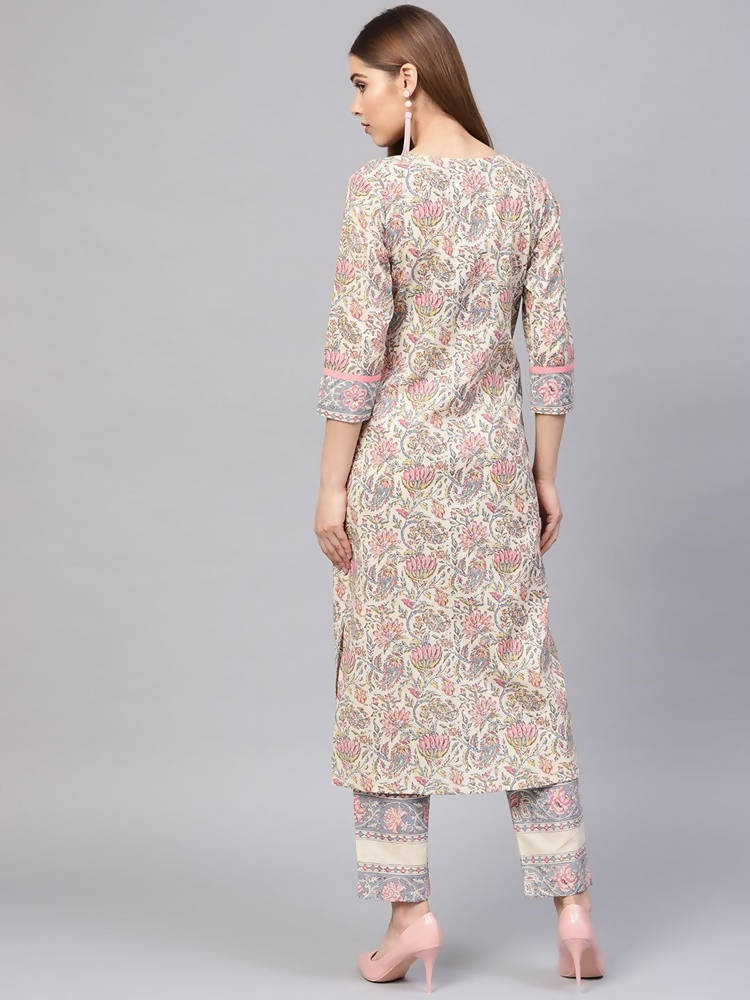 Yufta Women Beige & Grey Printed Kurta with Trouser