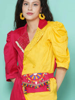 Thumbnail for Women Republic Pink And Yellow Cotton Silk hand Embellished Coord set with Pouch - Distacart