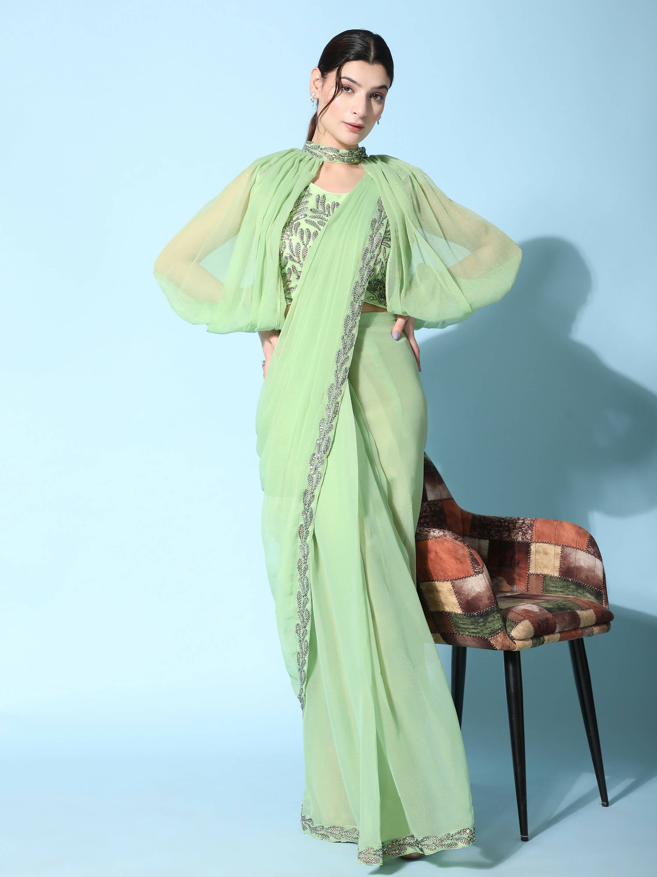 Green Fancy Pure Fabric Plain Ready to wear Saree with stitched Blouse - Vrinda - Distacart