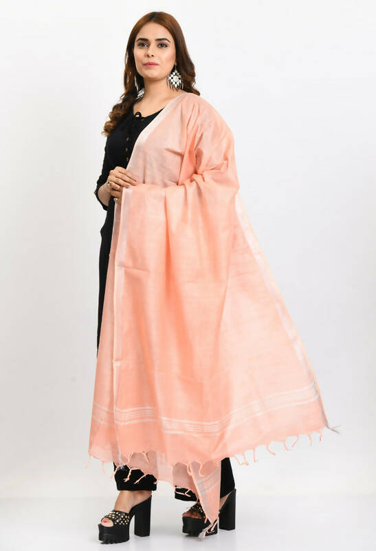 Mominos Fashion Moeza Women's Linen Cotton Silver Border Peach Dupatta - Distacart