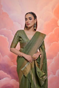 Thumbnail for Vishnu Weaves Women's Mahendi Cotton Self Weaving Saree with Blouse - Distacart