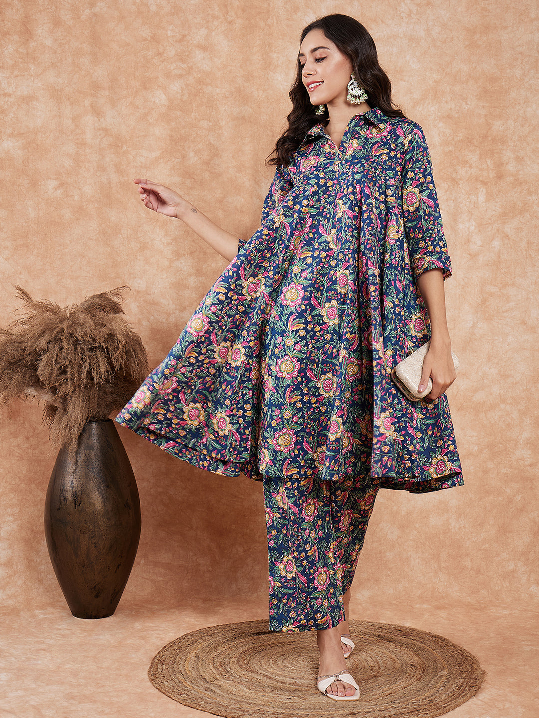 InWeave Women's Blue Green Pink Floral Print Flared Kurta Pant Set - Distacart