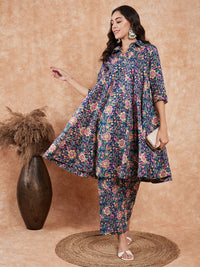 Thumbnail for InWeave Women's Blue Green Pink Floral Print Flared Kurta Pant Set - Distacart