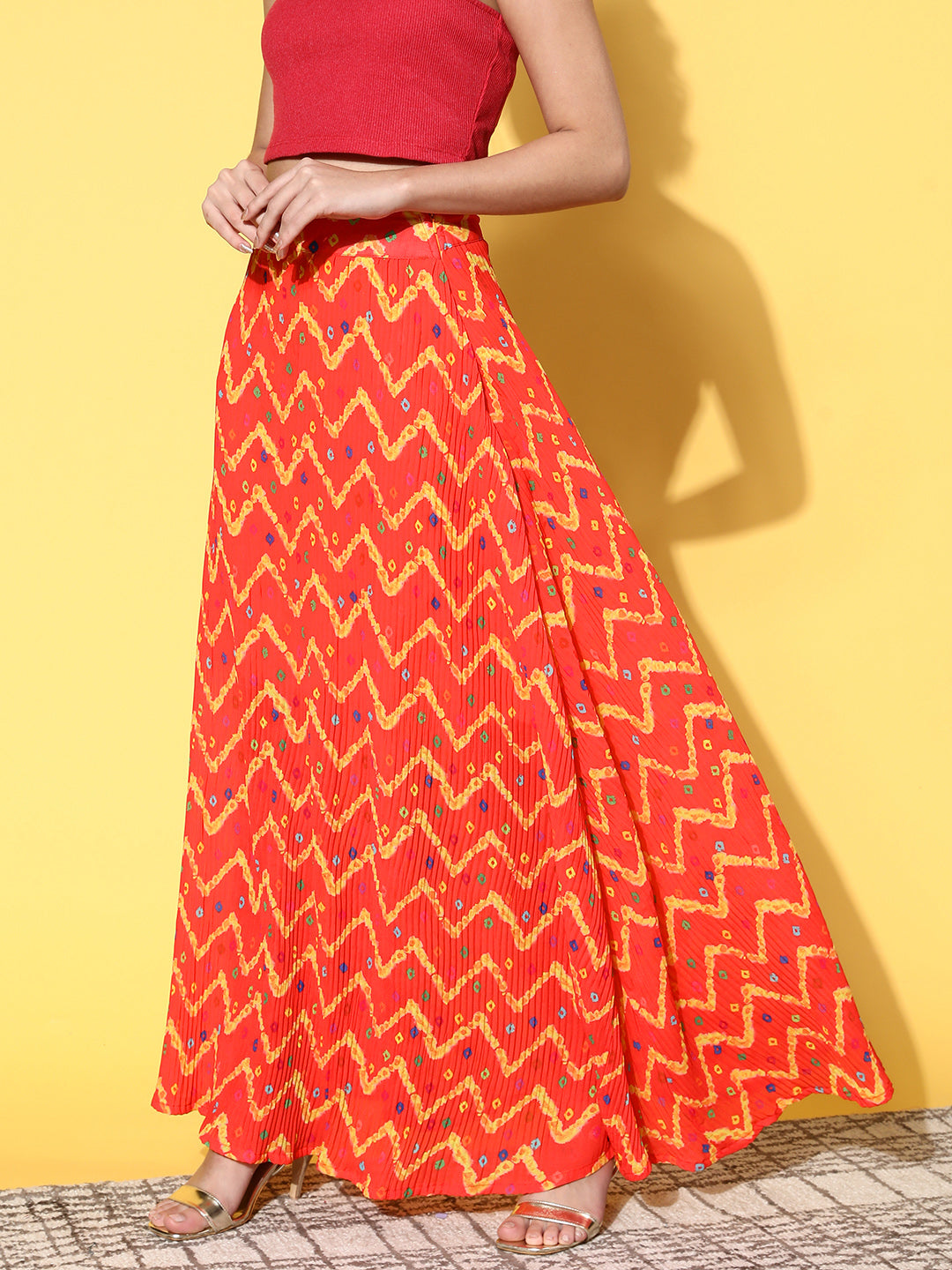 InWeave Women's Orange Bandhej Pleated Skirt - Distacart