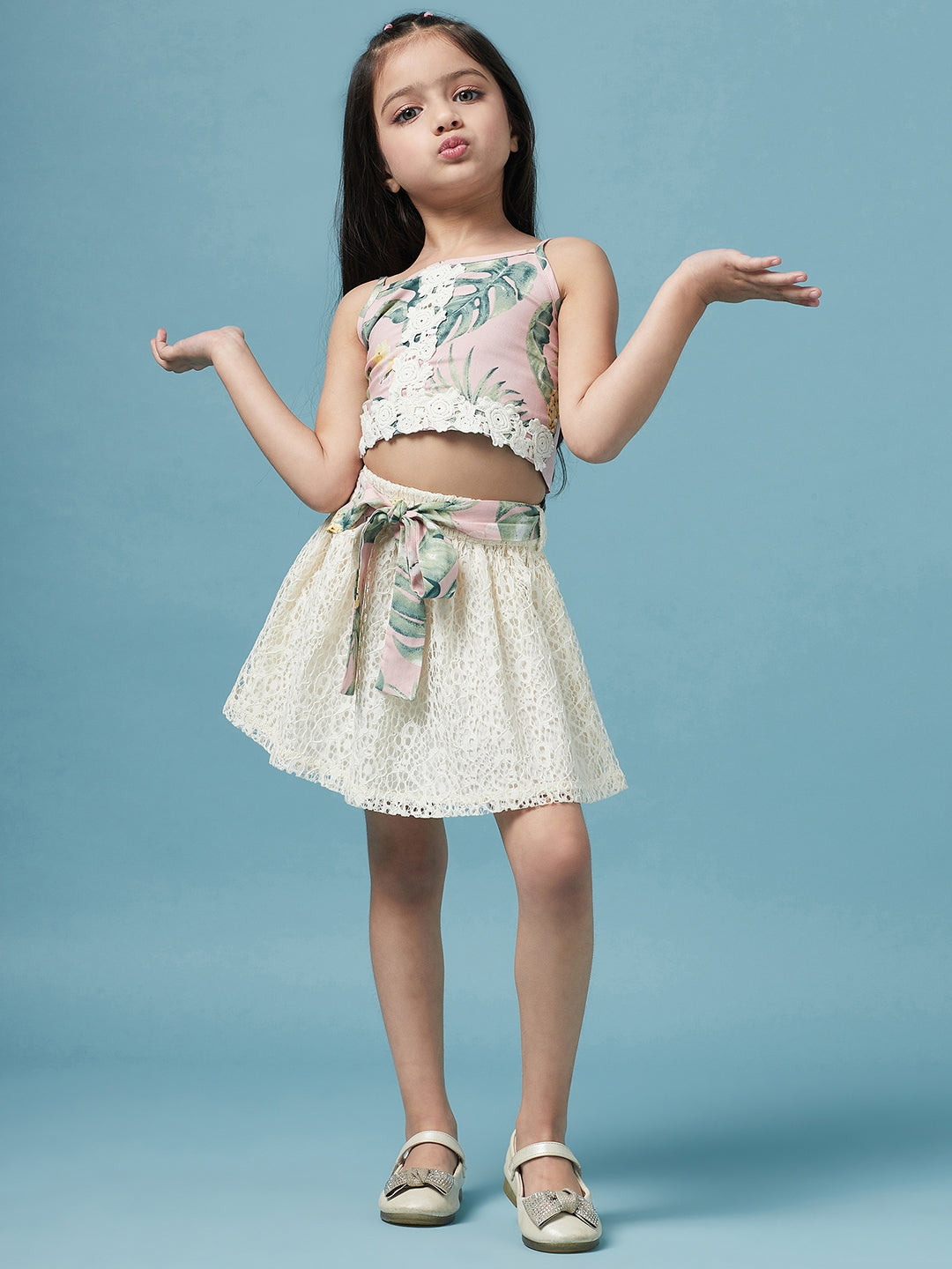 Girls Printed Sleeveless Top With Skirt - Mini Marvels - Distacart