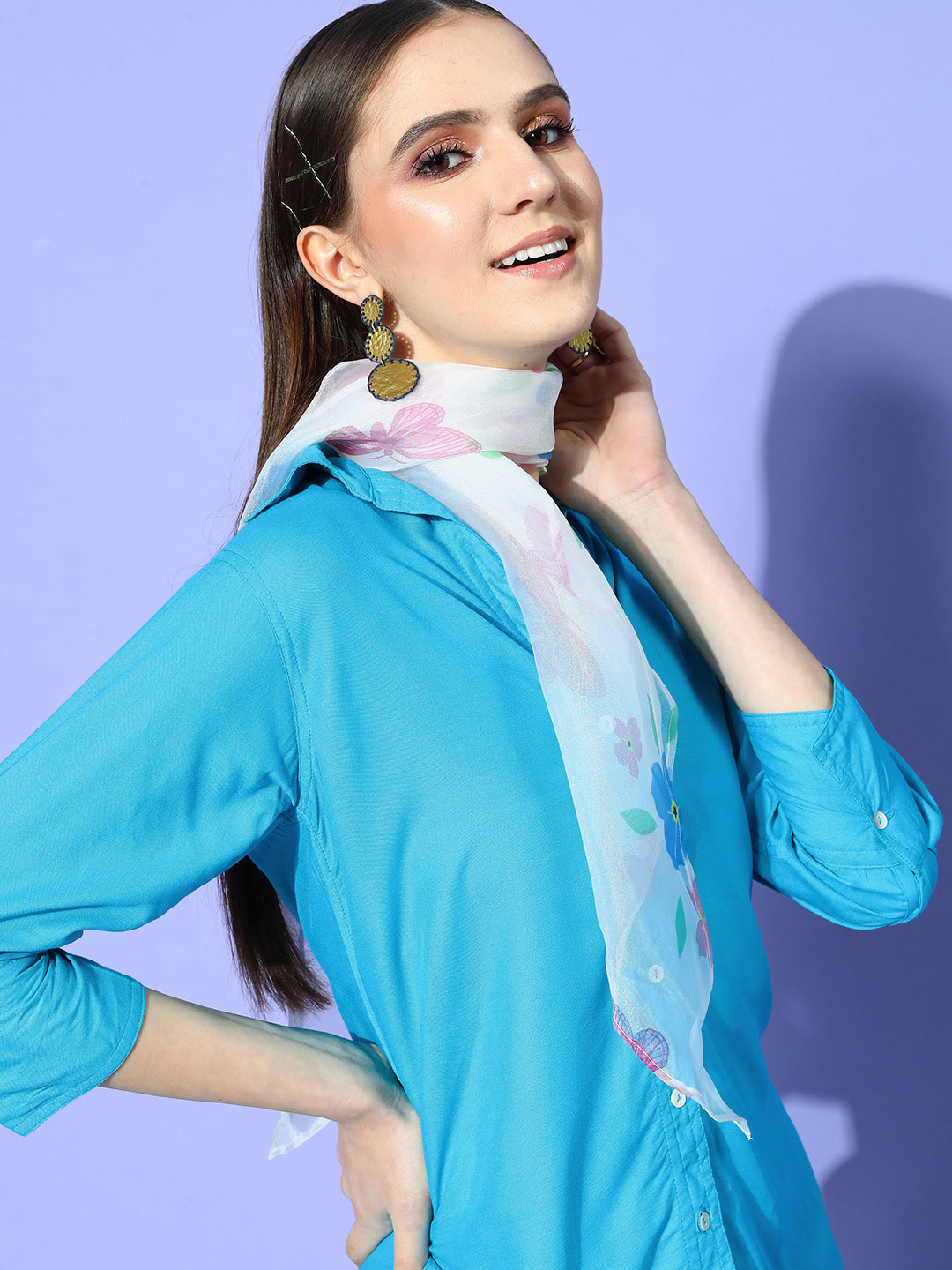 InWeave Women's Aqua Blue Coord Set With White Butterfly Scarf - Distacart