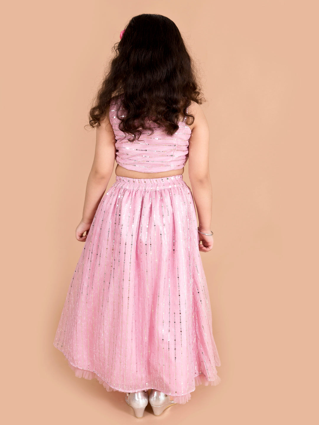 Girls Pink Silver-Toned Embellished Ready To Wear Lehenga - Mini Marvels - Distacart