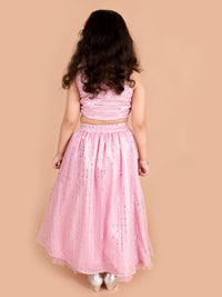 Thumbnail for Girls Pink Silver-Toned Embellished Ready To Wear Lehenga - Mini Marvels - Distacart