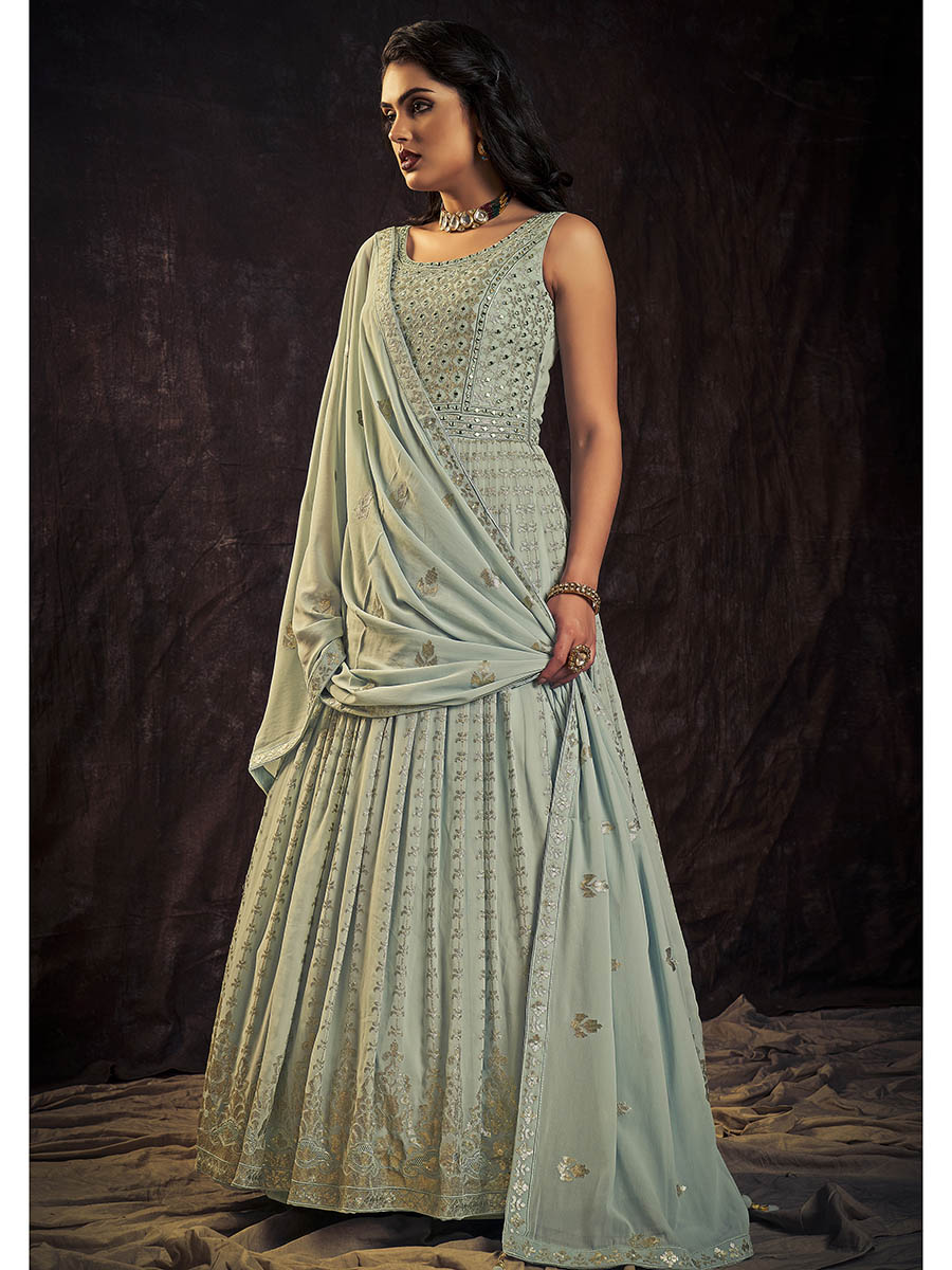 Myra Light Blue Real Georgette Designer Gown Style Suit - Distacart