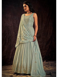 Thumbnail for Myra Light Blue Real Georgette Designer Gown Style Suit - Distacart