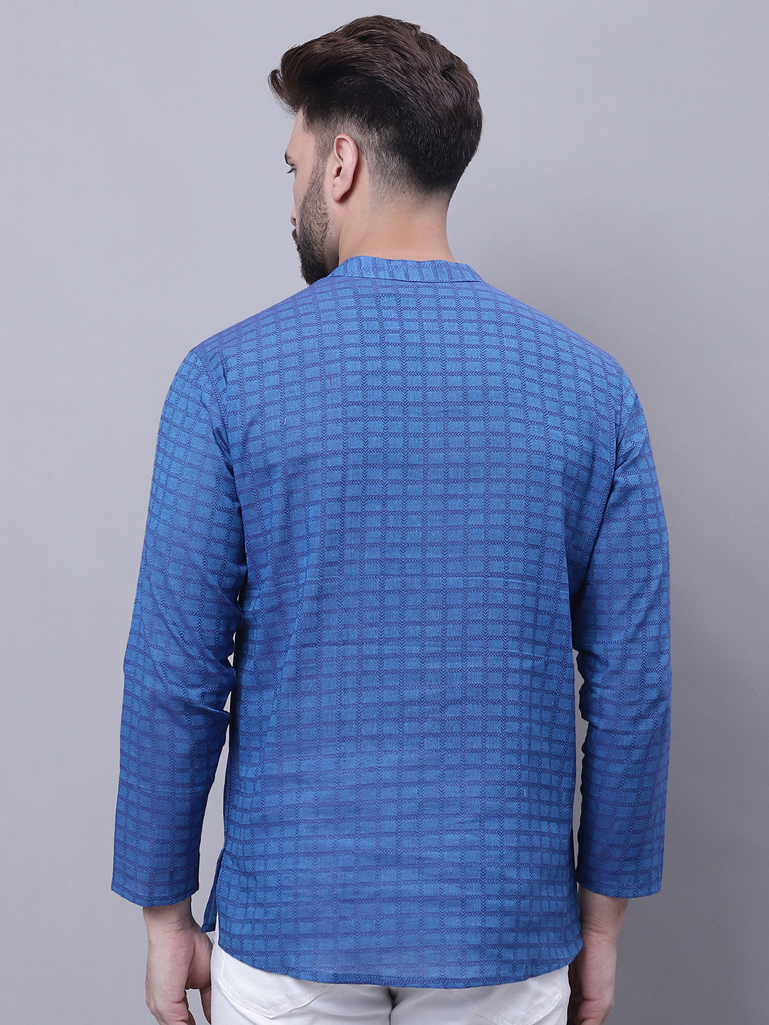 Even Apparels Blue Pure Cotton Short Kurta With Band Collar - Distacart