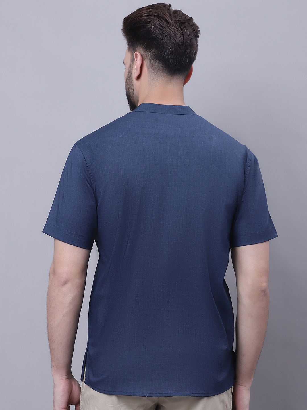 Even Apparels Blue Pure Cotton Short Kurta With Band Collar - Distacart