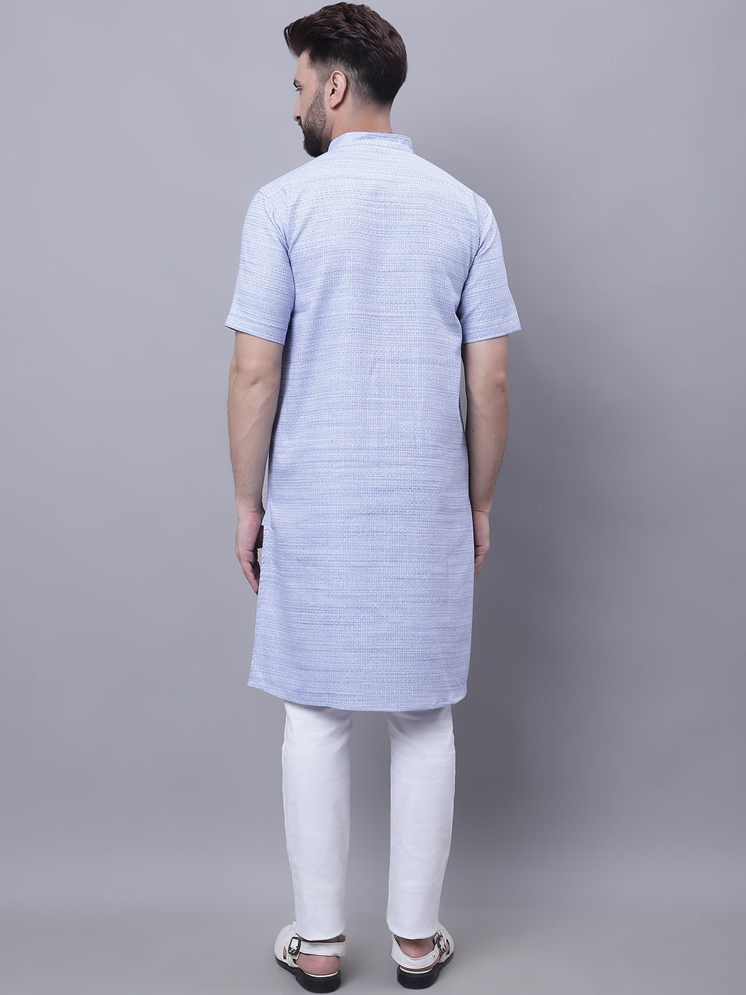 Even Apparels Blue Pure Cotton Short Sleeves Kurta With Band Collar - Distacart