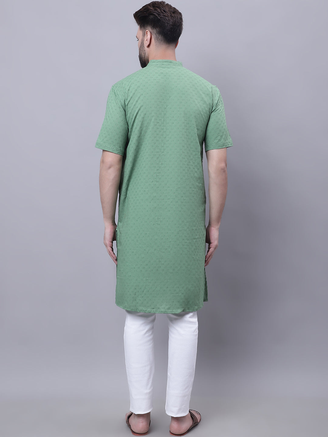 Even Apparels Green Pure Cotton Short Sleeves Kurta With Band Collar - Distacart