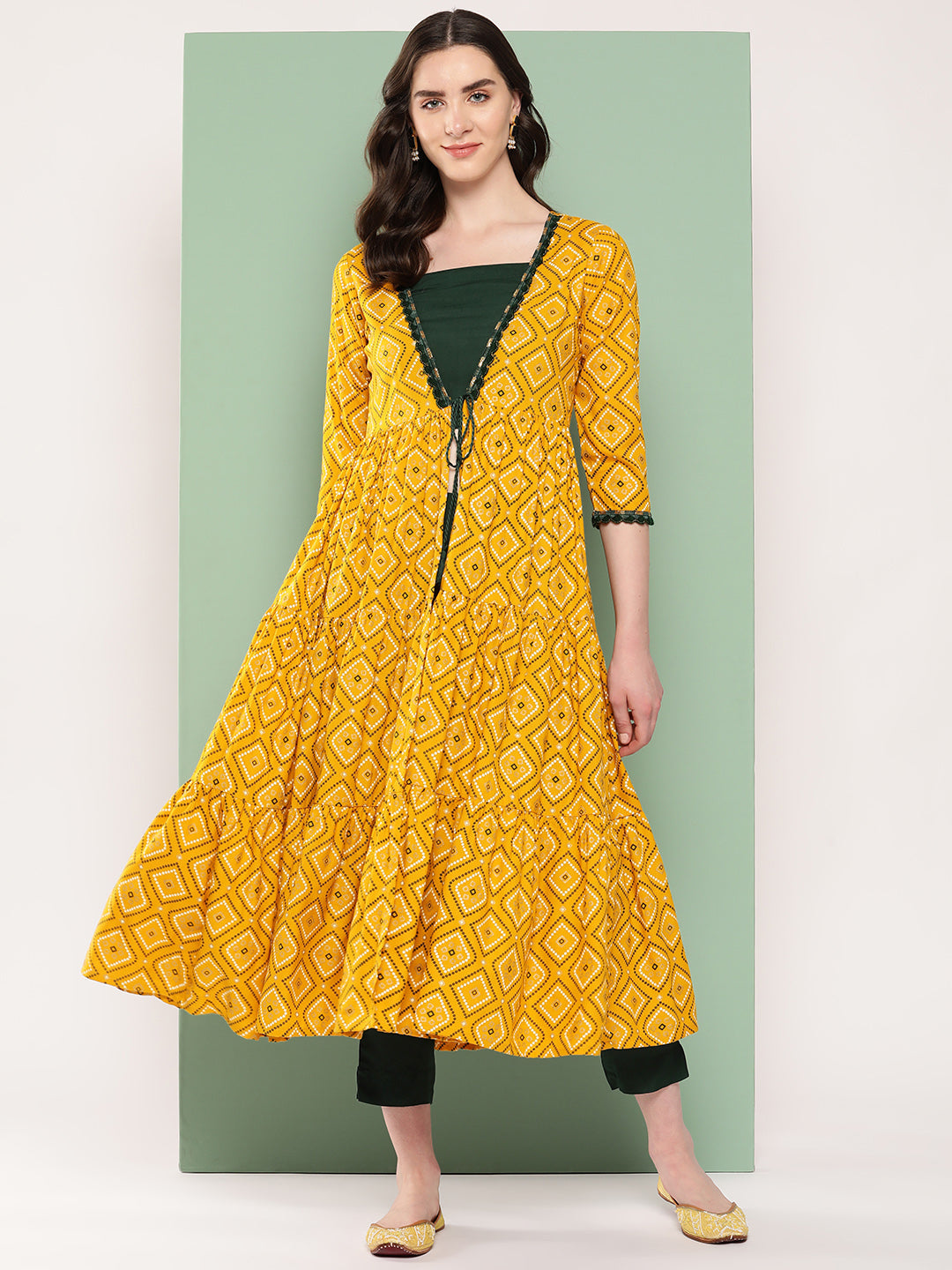 InWeave Women's Green Top Bottom W Mustard Bandhej Long Shrug Set - Distacart