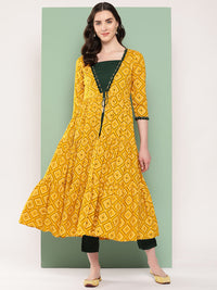 Thumbnail for InWeave Women's Green Top Bottom W Mustard Bandhej Long Shrug Set - Distacart