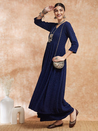 Thumbnail for InWeave Women's Royal Blue Chikankari Long Anarkali Kurta Sharara Set - Distacart