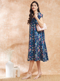 Thumbnail for InWeave Women's Blue Pink Kalamkari A Line Dress - Distacart
