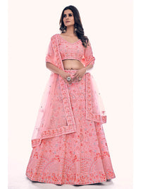 Thumbnail for Myra Pink Soft Net Embroidered Designer Lehenga Choli - Distacart