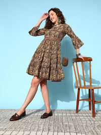 Thumbnail for InWeave Women's Brown Kalamkari Print Short Dress - Distacart