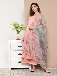 Thumbnail for InWeave Women's Light Pink Cr Strappy Set With White Organza Dupatta - Distacart
