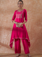 Thumbnail for InWeave Women's Magenta Emb Assymetrical Kurta Pant Set - Distacart