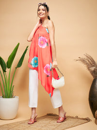 Thumbnail for InWeave Women's Dark Orange Pink Blue Flower One Shoulder Kurta - Distacart
